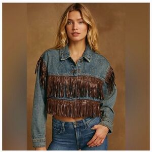 GALITA NWT L CROPPED WESTERN Denim Brown fringe bronze studs Jacket